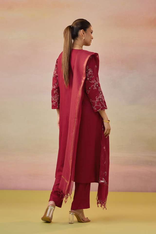 Red Pure Viscose Embroidered Kurta Set thumbnail image number null
