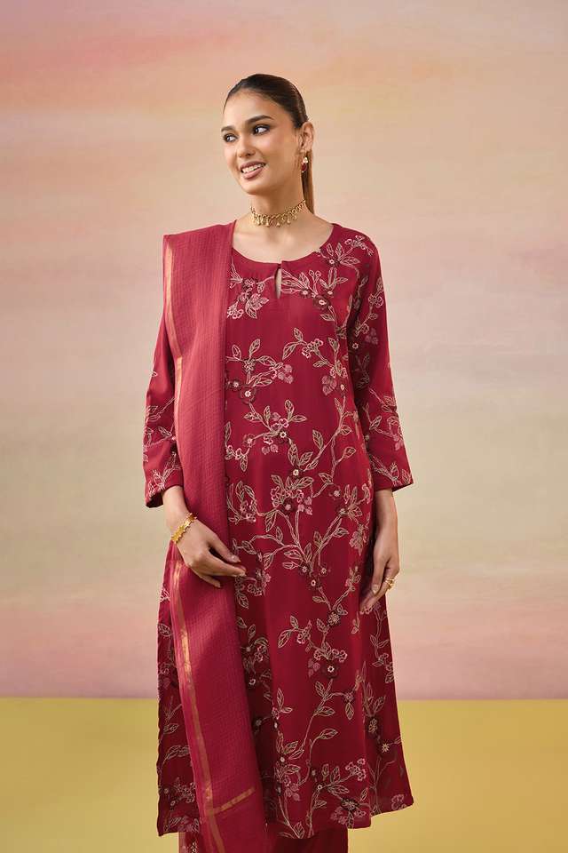 Red Pure Viscose Embroidered Kurta Set thumbnail image number null
