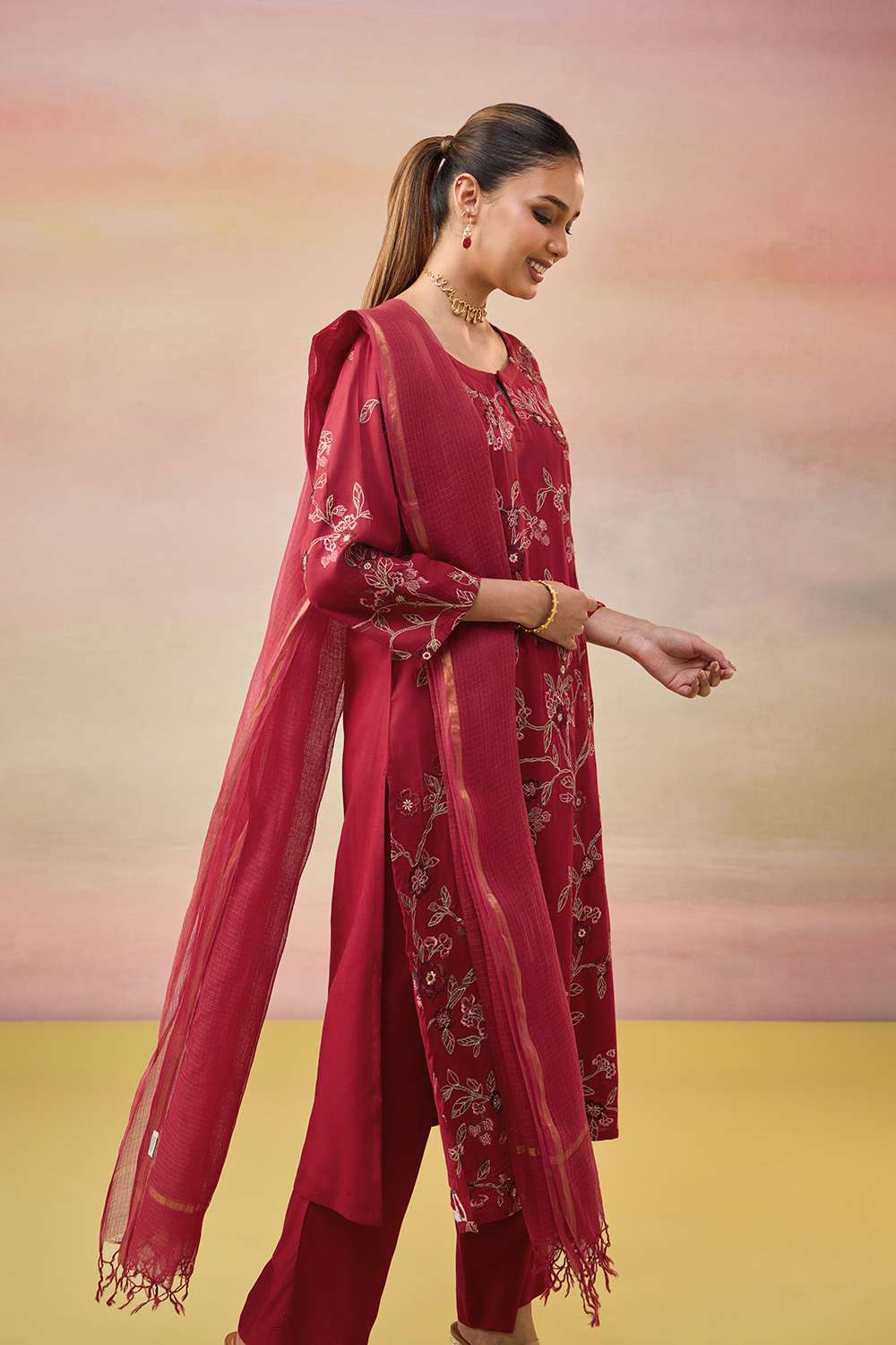 Red Pure Viscose Embroidered Kurta Set image number null
