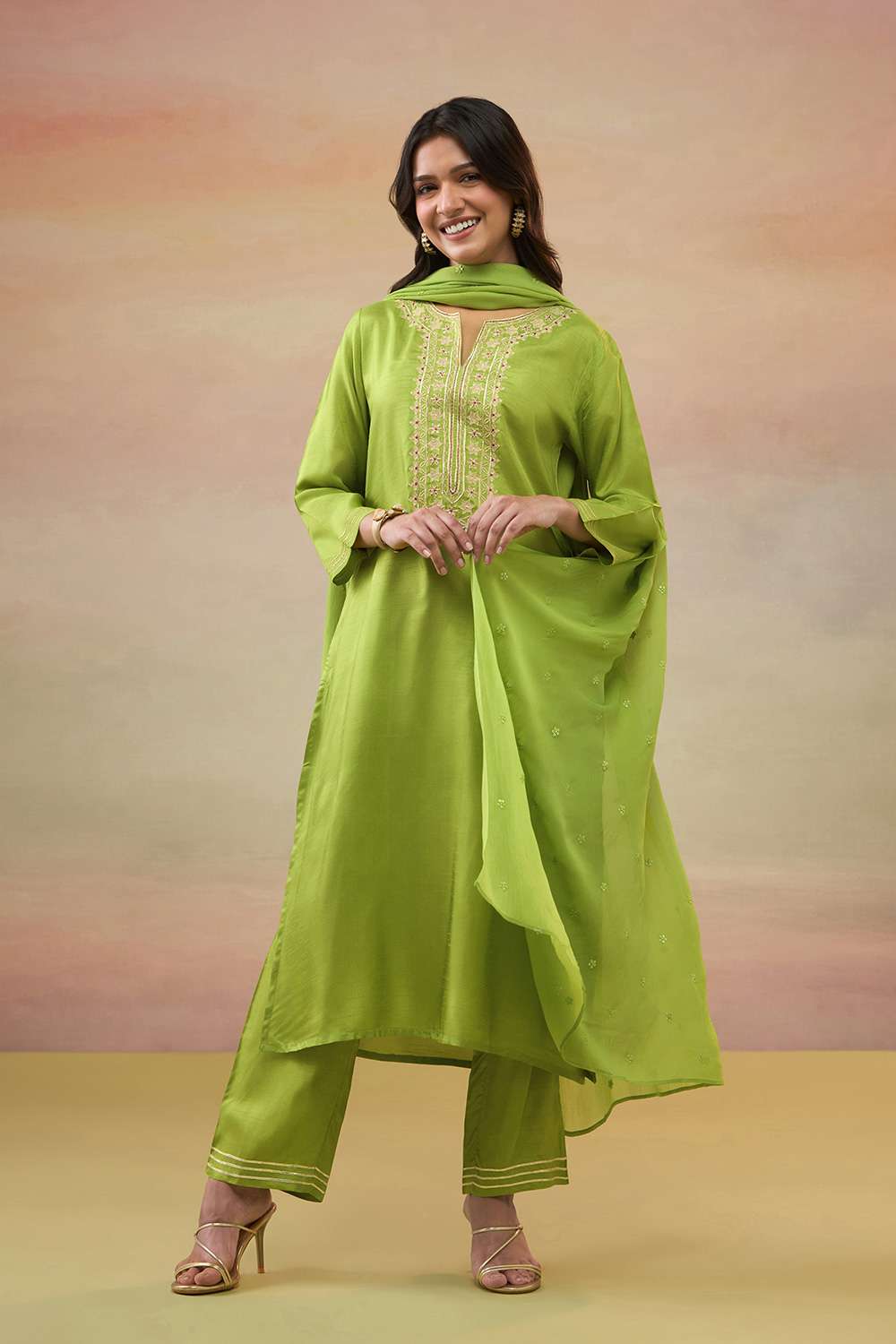 Green Pure Viscose Embroidered Kurta Set image number null