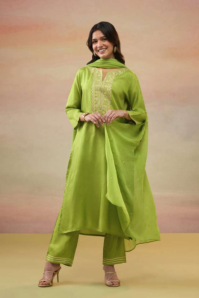 Green Pure Viscose Embroidered Kurta Set image number