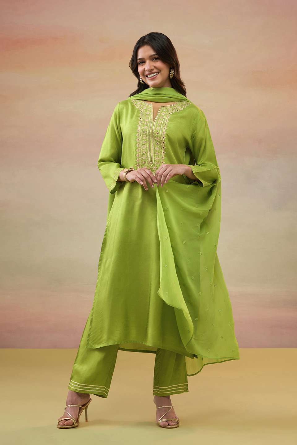 Green Pure Viscose Embroidered Kurta Set