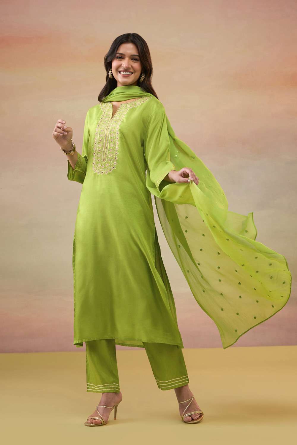 Green Pure Viscose Embroidered Kurta Set image number null