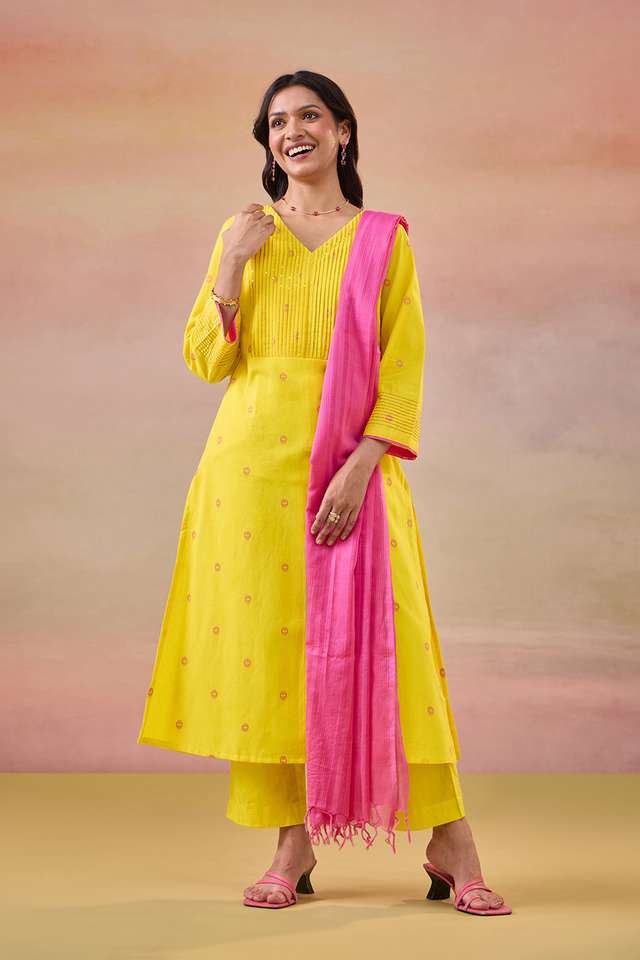 Yellow Woven Pure Cotton Kurta Set image number