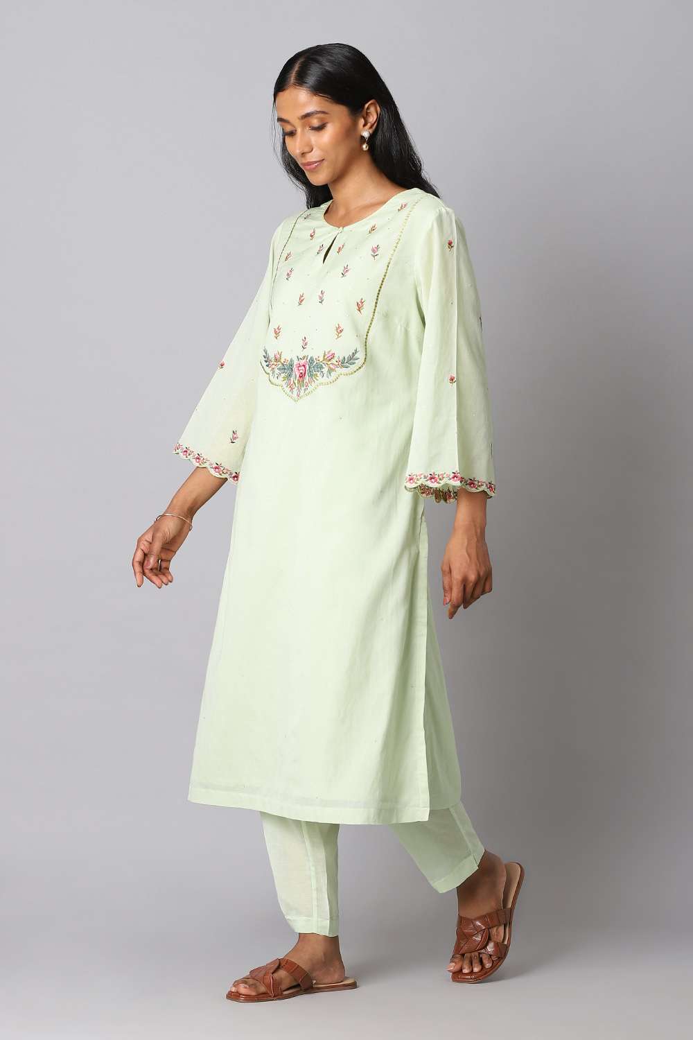Light Green Viscose Embroidery Kurta Set image number null