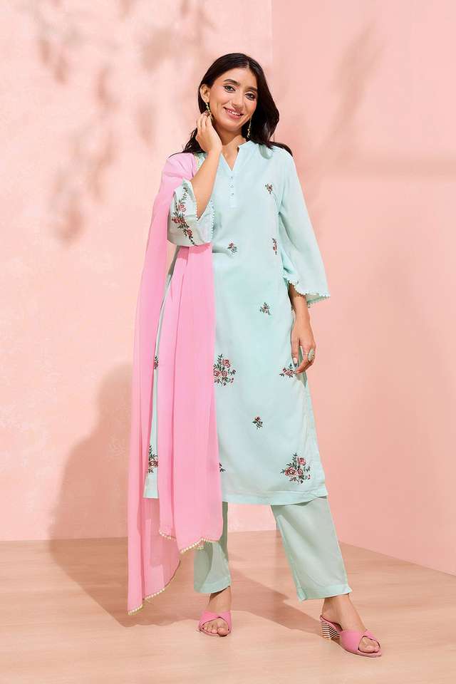 Light Green Viscose Embroidered Kurta Set image number
