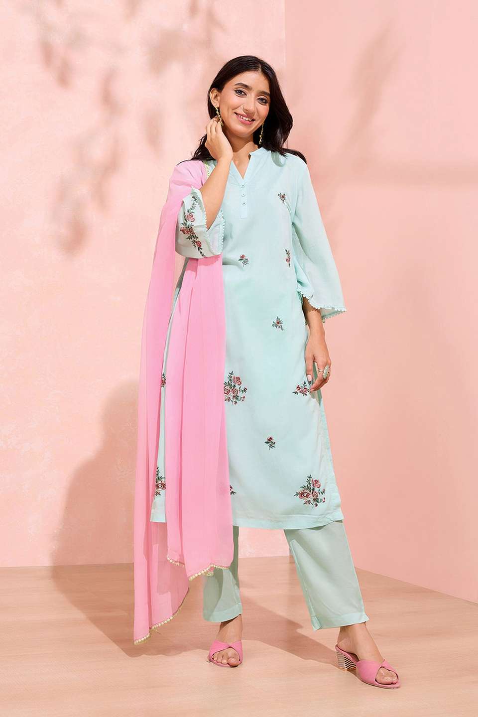 Light Green Viscose Embroidered Kurta Set