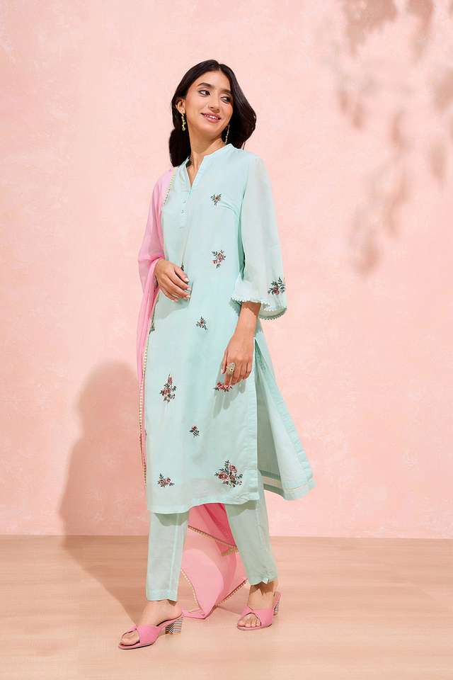 Light Green Viscose Embroidered Kurta Set thumbnail image number null
