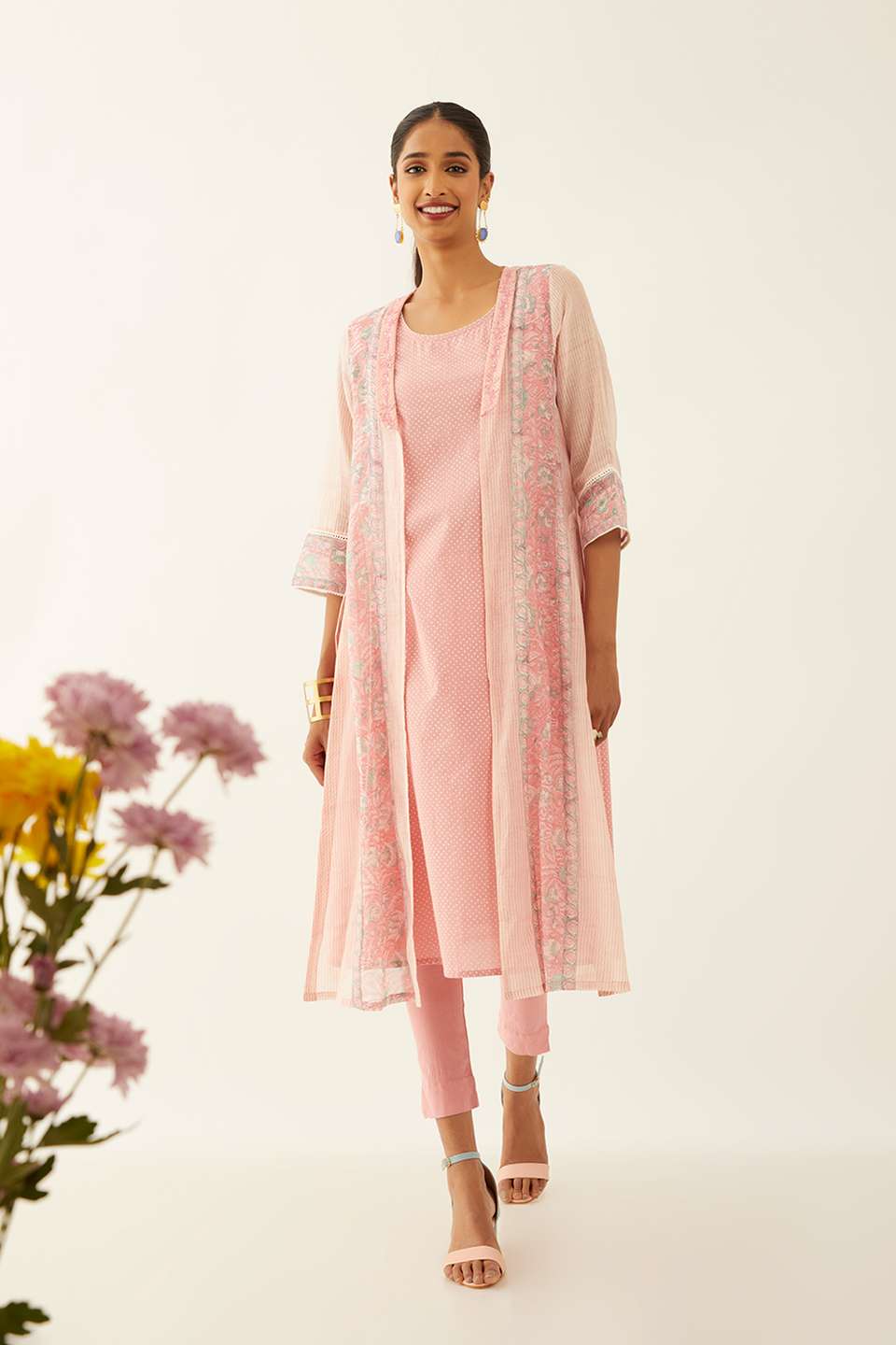 Light Pink Silk Cotton Block Printed Kurta with Jacket