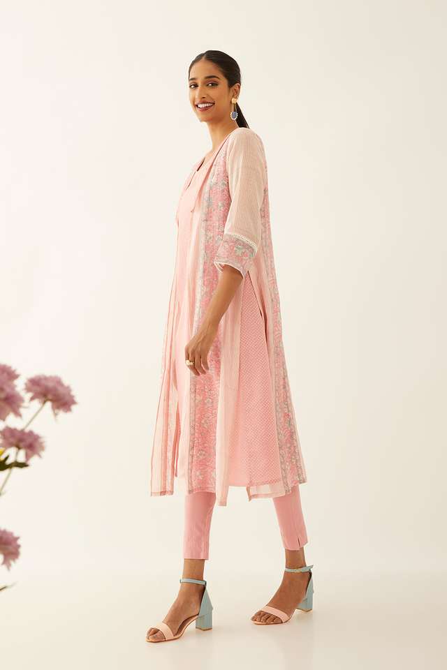 Light Pink Silk Cotton Block Printed Kurta with Jacket thumbnail image number null