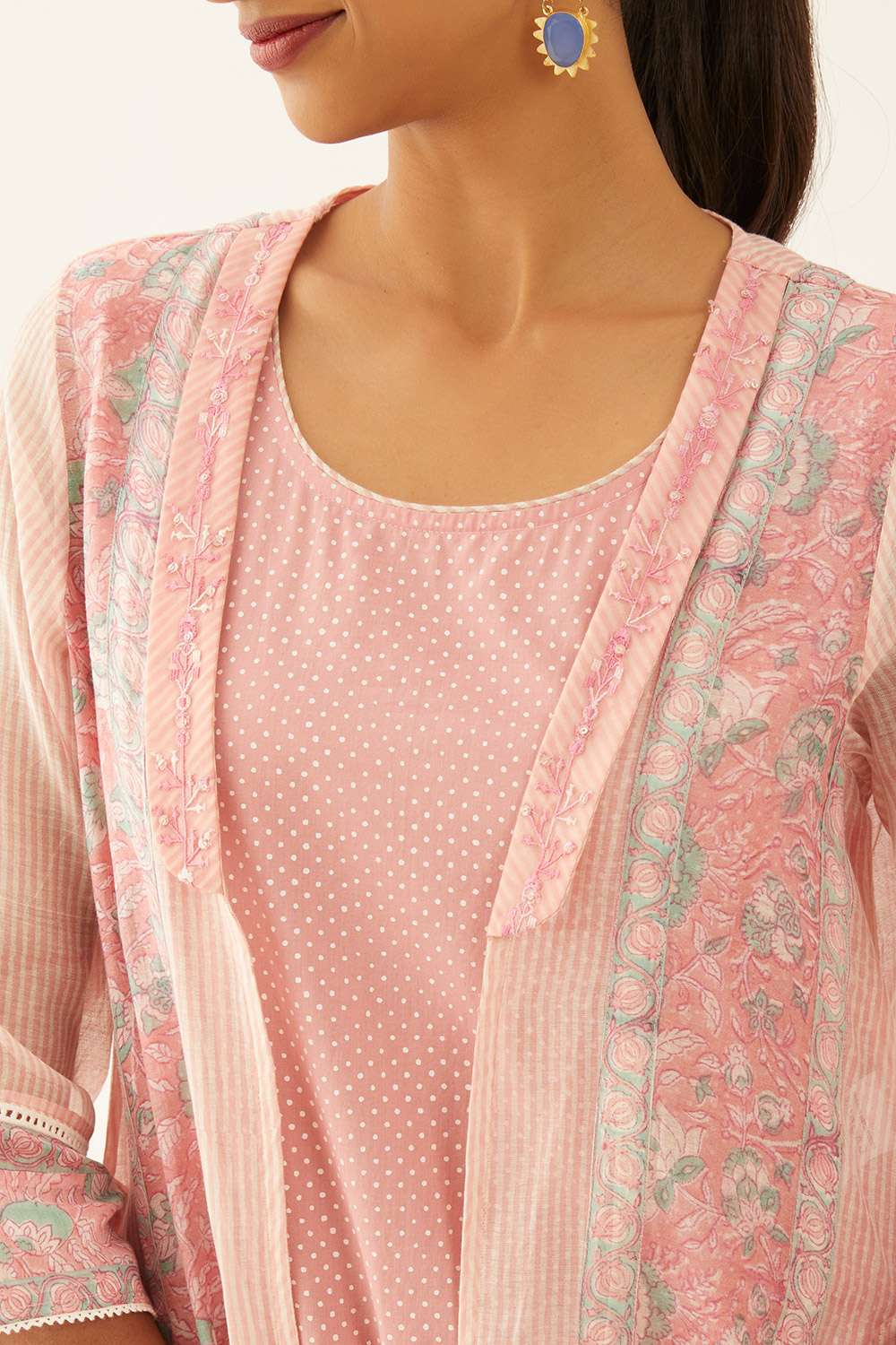 Light Pink Silk Cotton Block Printed Kurta with Jacket image number null