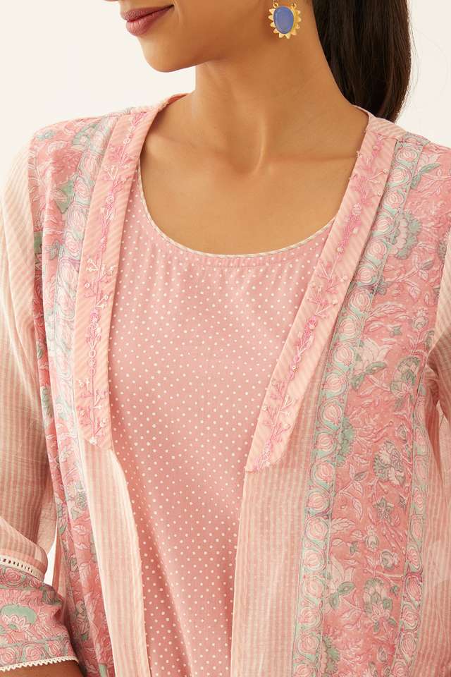 Light Pink Silk Cotton Block Printed Kurta with Jacket thumbnail image number null