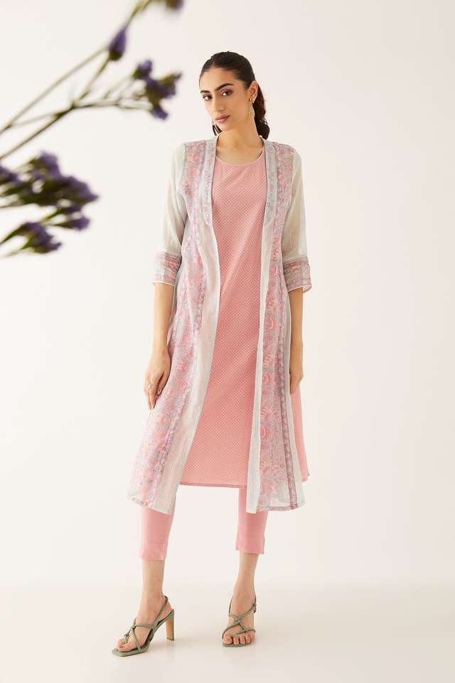 Light Pink Silk Cotton Block Printed Kurta with Light Blue Jacket image number