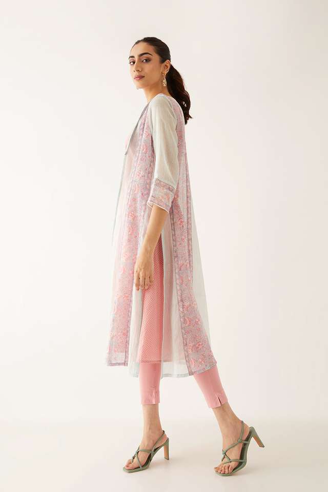 Light Pink Silk Cotton Block Printed Kurta with Light Blue Jacket thumbnail image number null