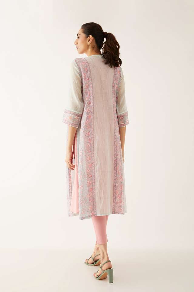 Light Pink Silk Cotton Block Printed Kurta with Light Blue Jacket thumbnail image number null