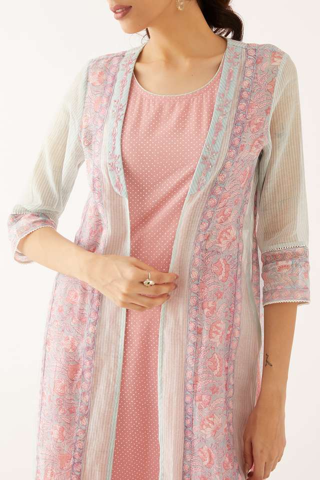 Light Pink Silk Cotton Block Printed Kurta with Light Blue Jacket thumbnail image number null