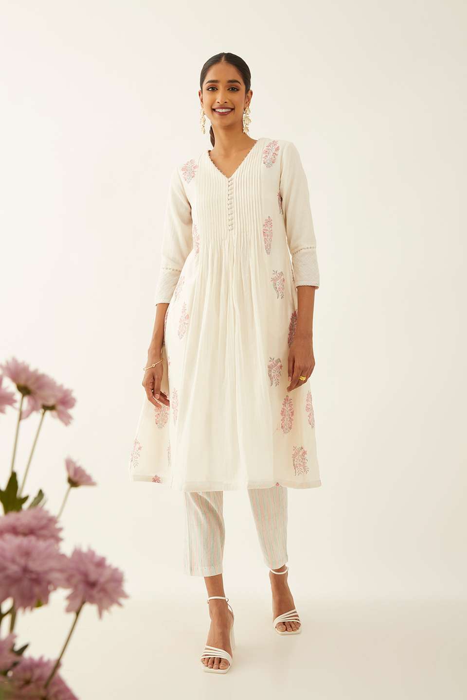White Pure Silk Cotton Printed Sanganeri Kurta Set