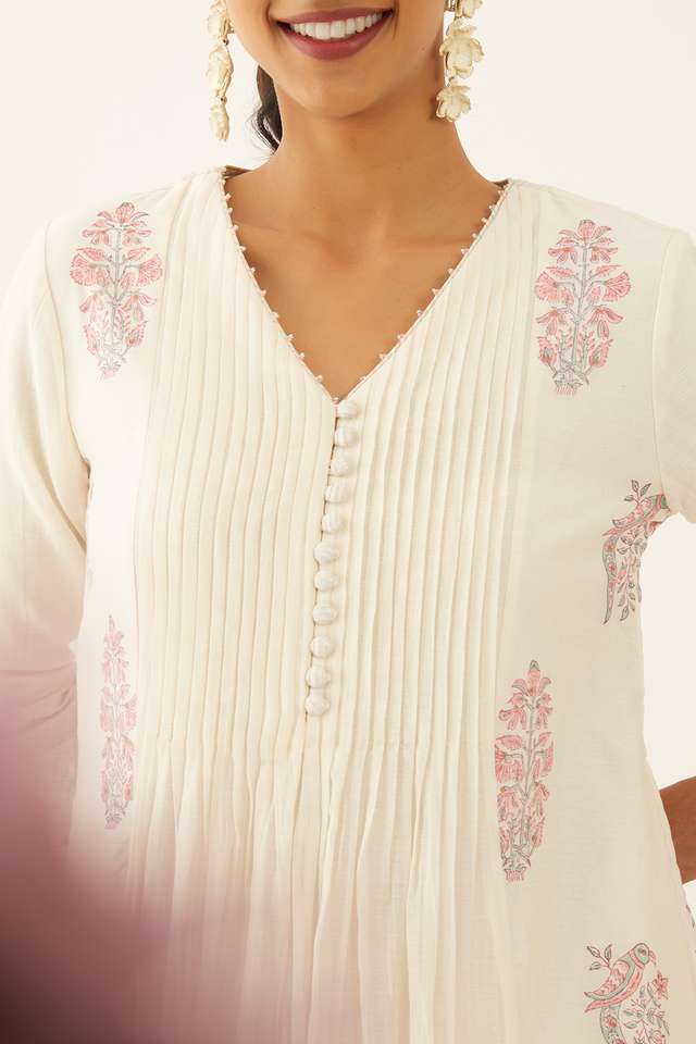 White Pure Silk Cotton Printed Sanganeri Kurta Set thumbnail image number null