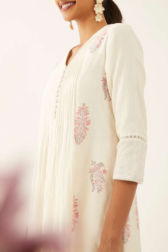 White Pure Silk Cotton Printed Sanganeri Kurta Set thumbnail image number null