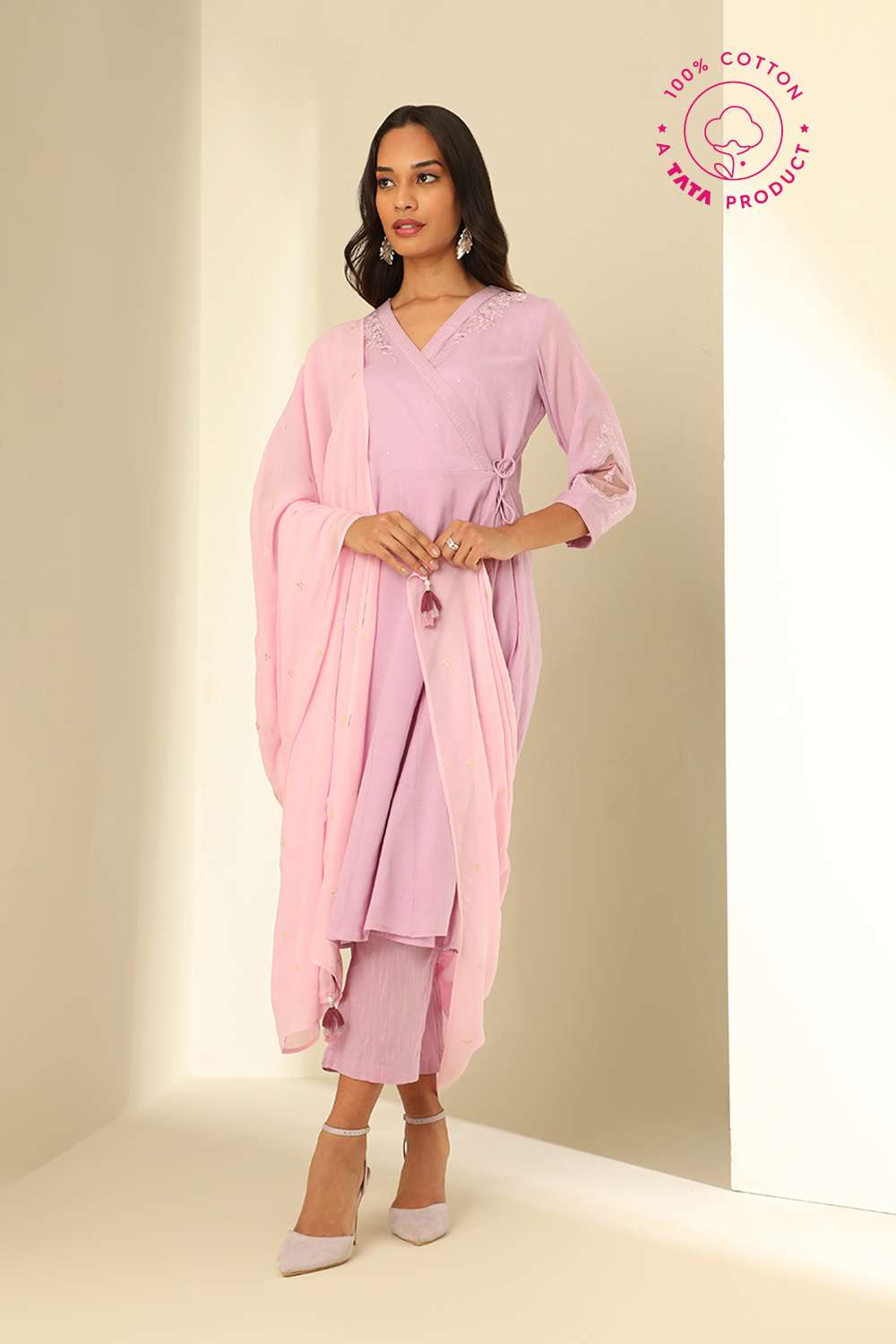 Lavender Embroidered Viscose Kurta Set image number null