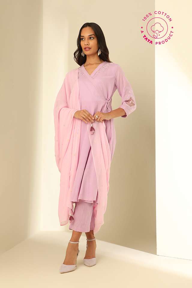Lavender Embroidered Viscose Kurta Set image number