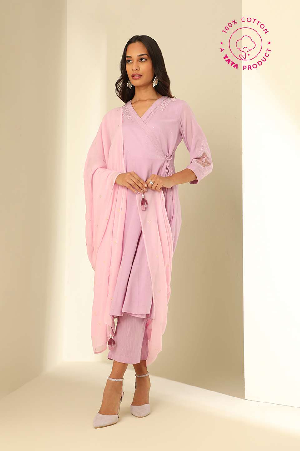 Lavender Embroidered Viscose Kurta Set