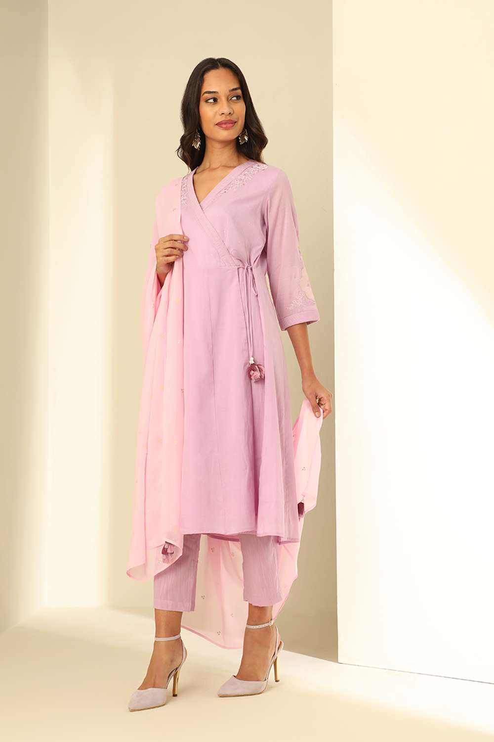 Lavender Embroidered Viscose Kurta Set image number null