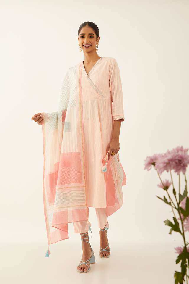 Light Pink Cotton Block Printed Kurta Set image number