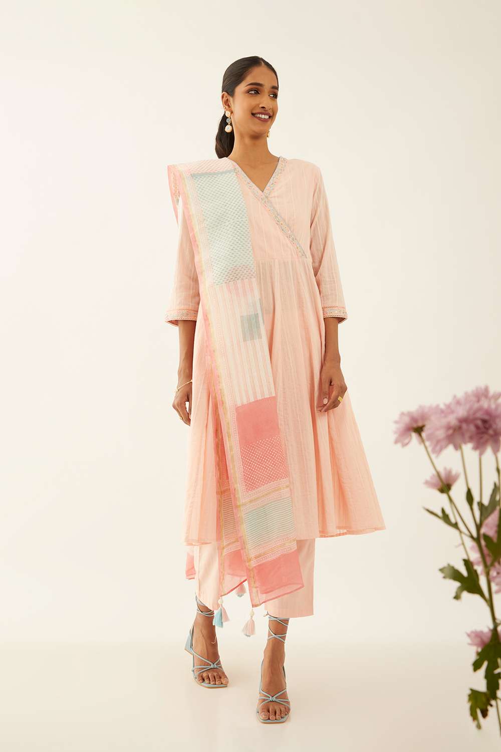 Light Pink Cotton Block Printed Kurta Set image number null