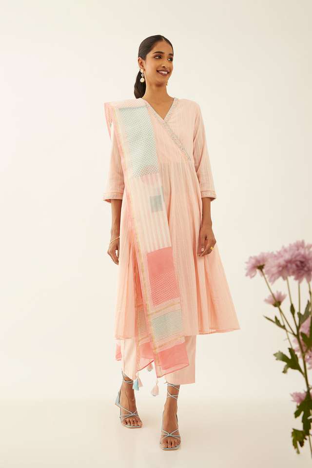 Light Pink Cotton Block Printed Kurta Set thumbnail image number null