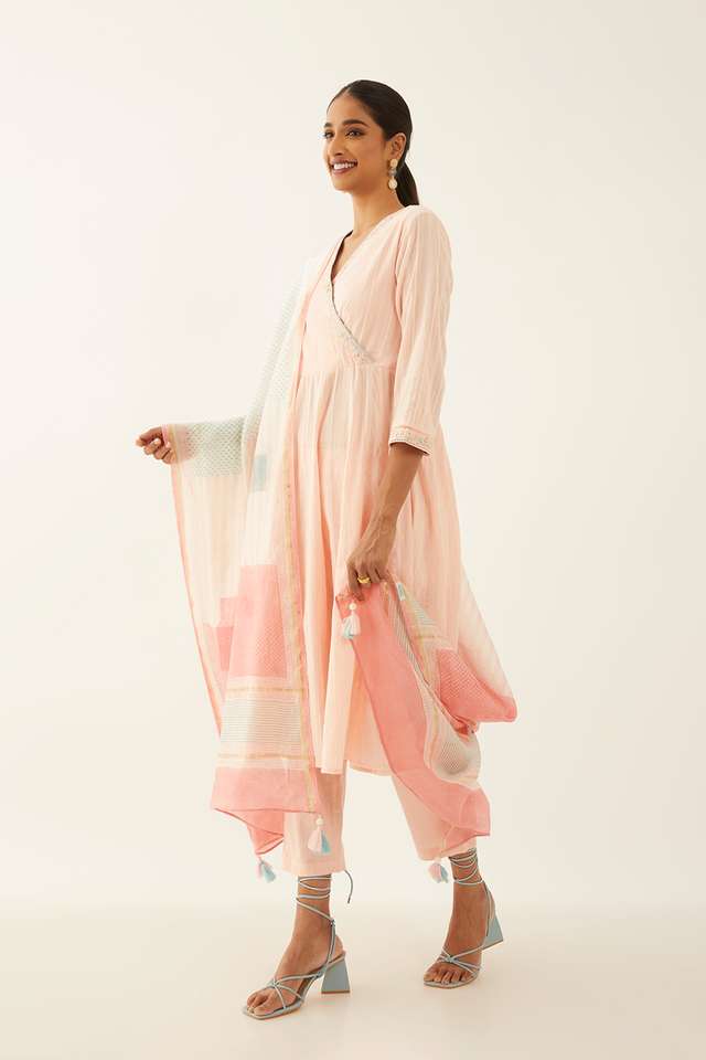 Light Pink Cotton Block Printed Kurta Set thumbnail image number null