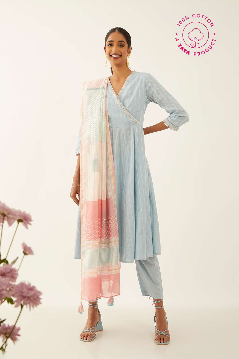 Light Blue Cotton Block Printed Kurta Set