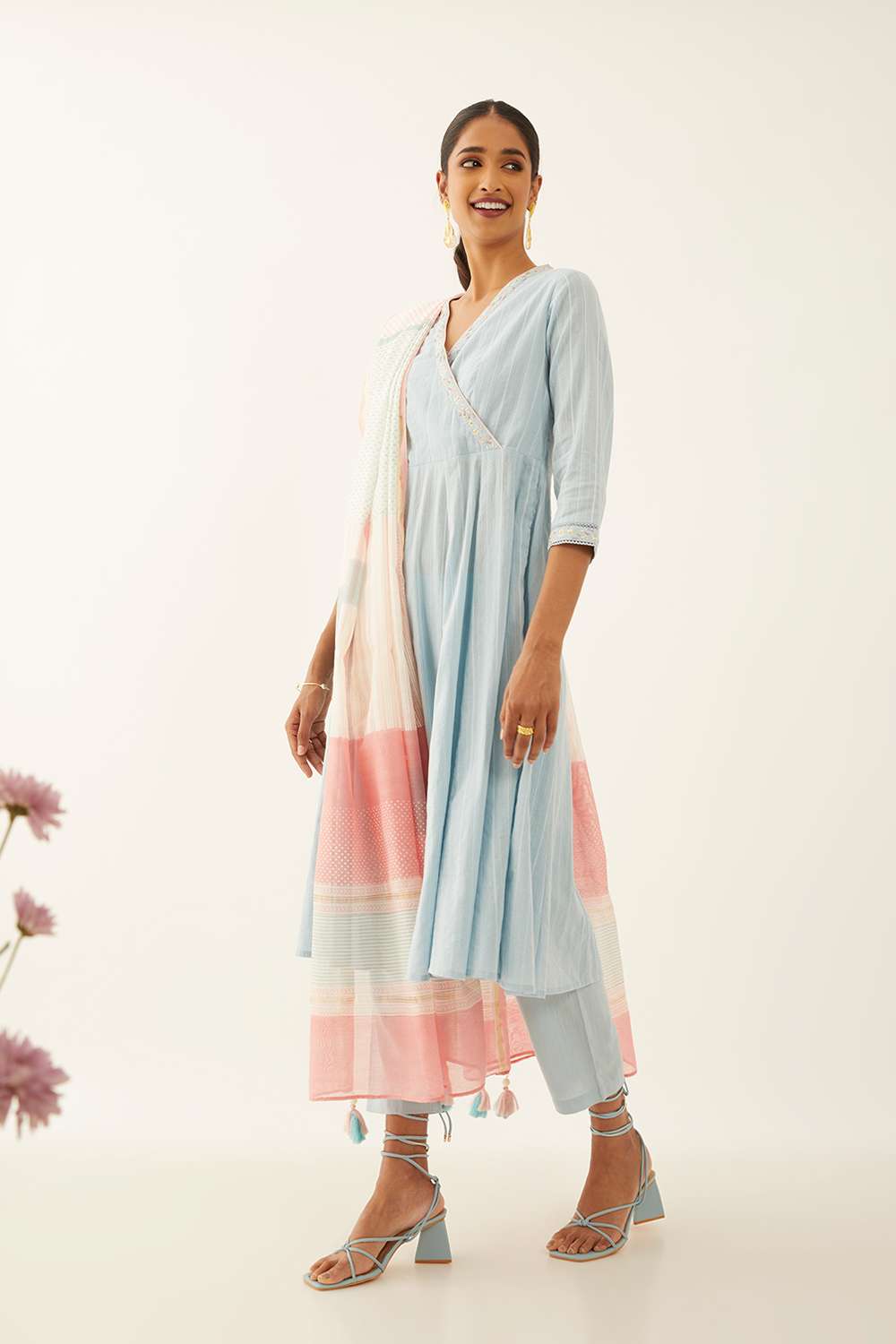 Light Blue Cotton Block Printed Kurta Set image number null