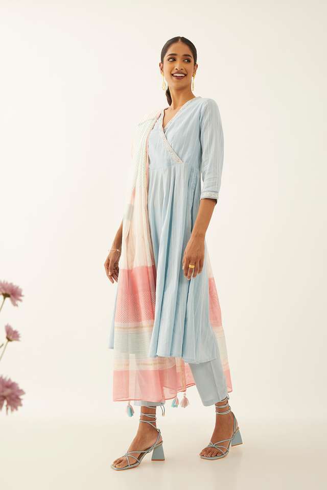 Light Blue Cotton Block Printed Kurta Set thumbnail image number null