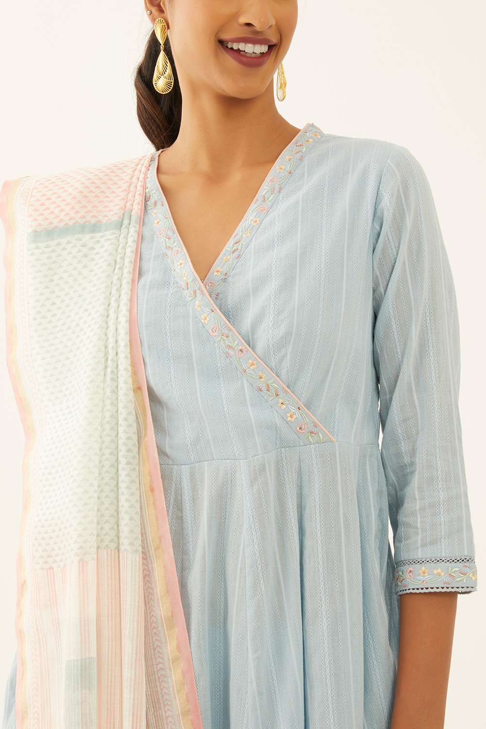 Light Blue Cotton Block Printed Kurta Set image number null