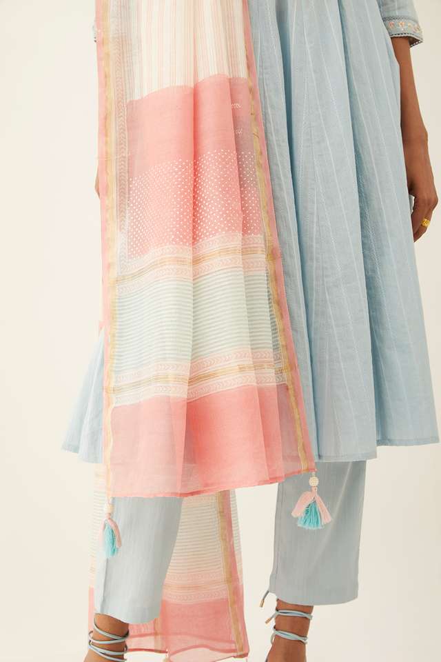 Light Blue Cotton Block Printed Kurta Set thumbnail image number null