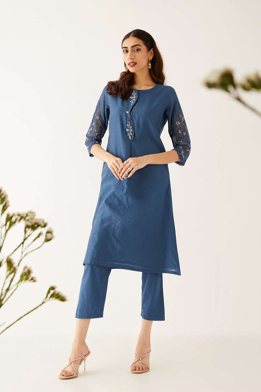 Blue Silk Cotton Embroidered Kurta Set image number null