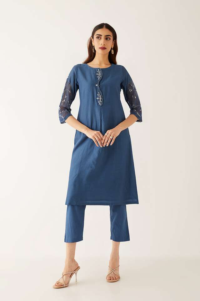 Blue Silk Cotton Embroidered Kurta Set thumbnail image number null