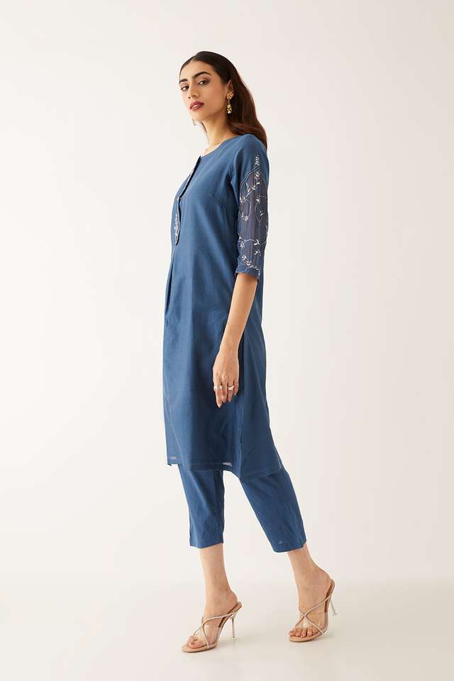 Blue Silk Cotton Embroidered Kurta Set thumbnail image number null