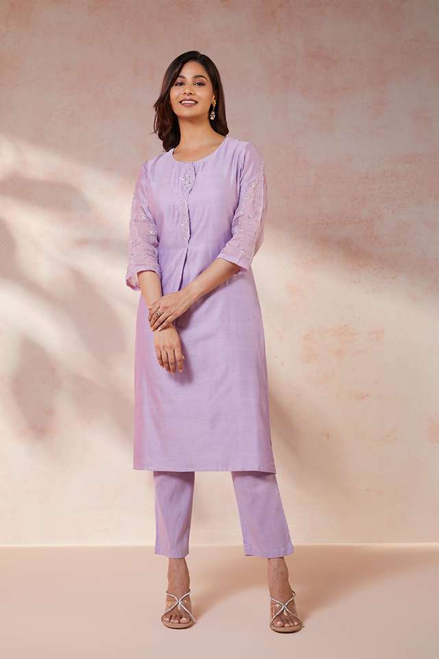 Violet Pure Silk Cotton Embroidered Kurta Set image number