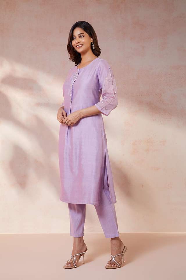 Violet Pure Silk Cotton Embroidered Kurta Set thumbnail image number null
