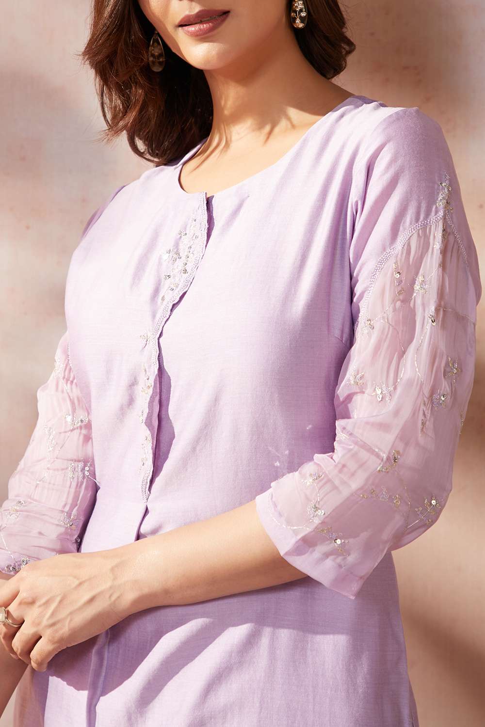 Violet Pure Silk Cotton Embroidered Kurta Set image number null