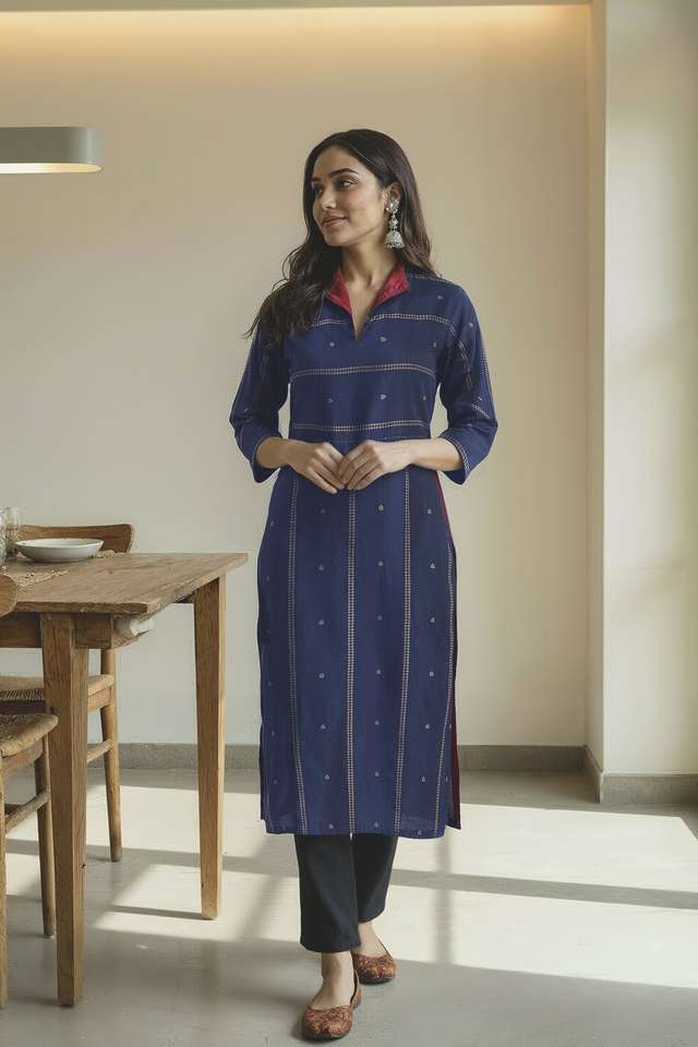 Dark Blue Pure Cotton Woven Kurta image number