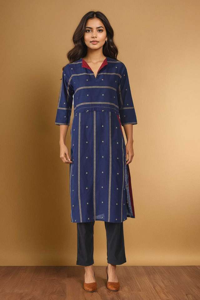 Dark Blue Pure Cotton Woven Kurta thumbnail image number null