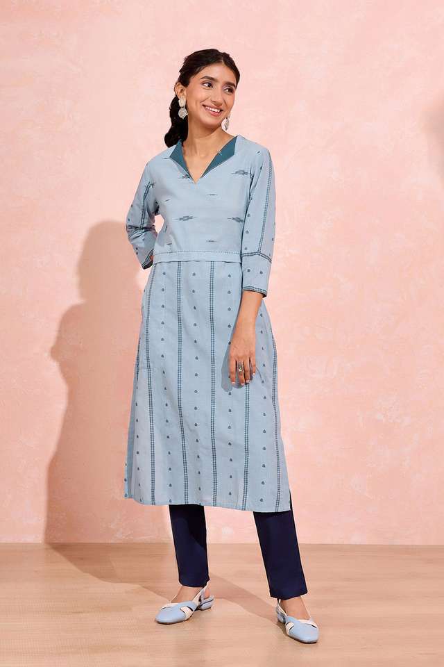 Light Blue Woven Pure Cotton Kurta thumbnail image number null