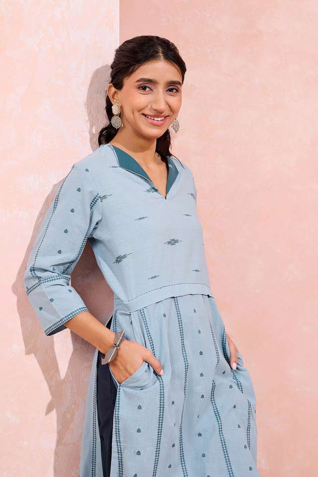 Light Blue Woven Pure Cotton Kurta thumbnail image number null