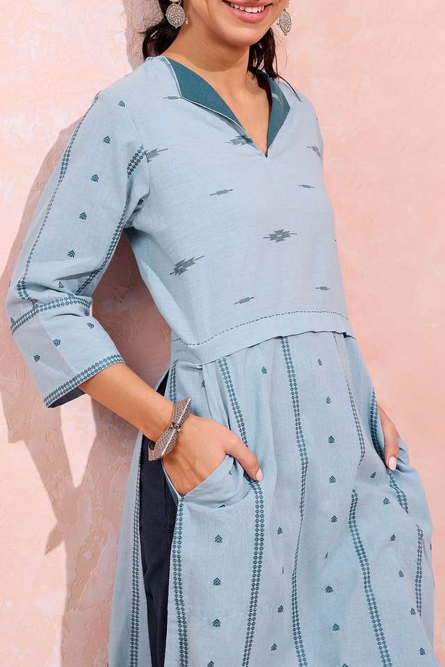 Light Blue Woven Pure Cotton Kurta thumbnail image number null