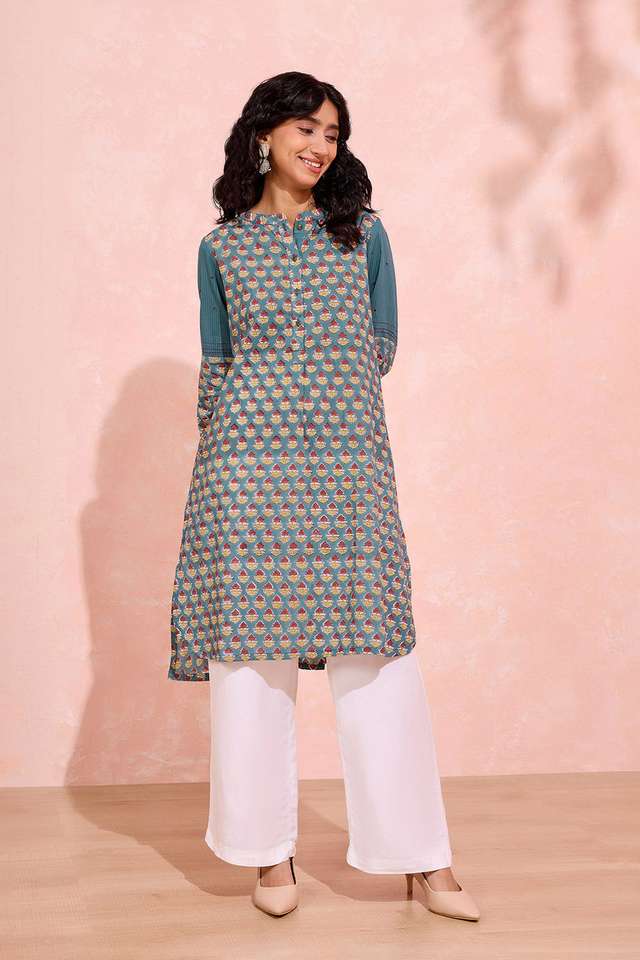 Blue Pure Cotton Printed Sanganeri Kurta thumbnail image number null