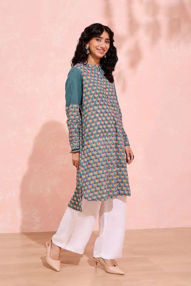 Blue Pure Cotton Printed Sanganeri Kurta thumbnail image number null