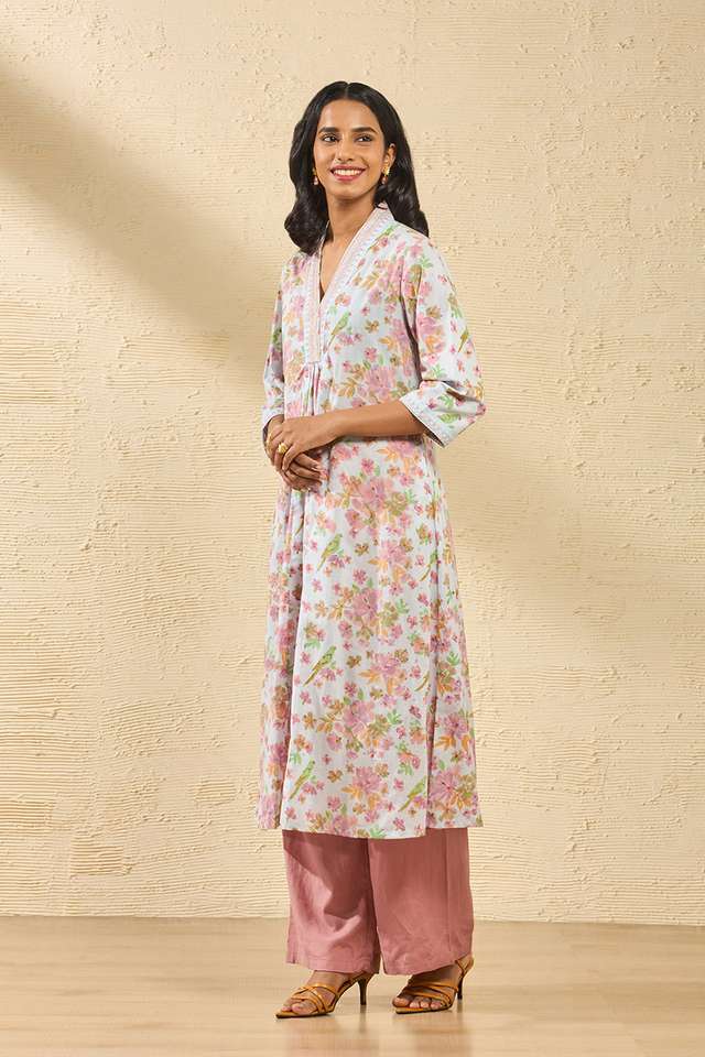 Light Blue Pure Cotton Printed Sanganeri Kurta thumbnail image number null